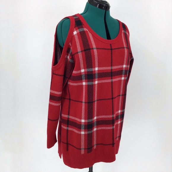 Love & Legend Red Tartan Cold Shoulder Sweater, 0X - Picture 5 of 16